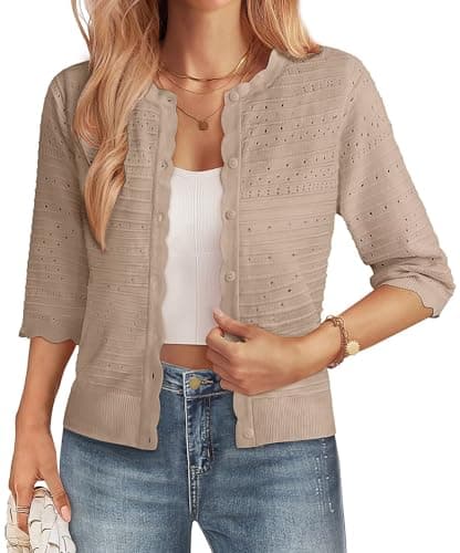 GRACE KARIN Womens Short Sleeve Cardigan Sweater, Lightweight Cropped Cardigan Trendy, Dressy Casual Floral Bolero Shrugs Khaki - Image 1