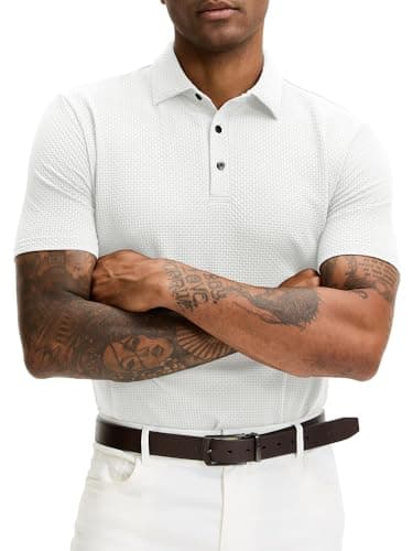 JEMLDL Men's Athletic Golf Polo Shirts Super Stretch Breathable Jacquard Short Sleeve Polo Shirts White M - Image 1