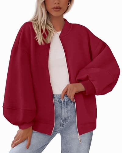 KIRUNDO Oversized Sweatshirt for Women Zip Up Bomber Jacket 2026 Fall Fashion Casual Long Sleeve Outerwear Winter Outfits(Red, Small) - Image 1