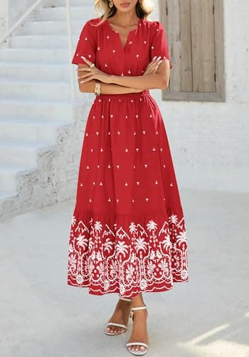 BTFBM Womens Summer Dresses 2026 Casual Short Sleeve Elastic Waist Flowy Beach Vacation Floral Boho Maxi Dress Pockets (Red White Flower, Medium) - Thumbnail 6