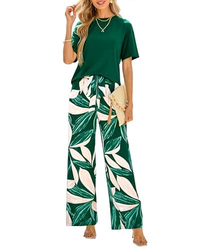 PRETTYGARDEN Women Summer 2 Piece Outfits 2026 Short Sleeve Knit Top Floral Print Belted Wide Leg Pant Sets With Pockets(Dark Green Floral,XX-Large) - Image 1
