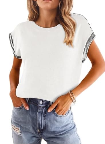 Dokotoo White Tops for Women Cap Short Sleeve Sweater Vest Casual Crew Neck Knit Pullover Cute Tops 2025 Summer Clothes Knit Colorblock Trendy Spring Sweaters White Shirts X-Large - Image 1