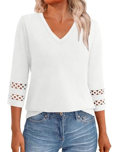 GKBK 3/4 Length Sleeve Womens Tops Dressy Casual Blouses for Women 2026 Trendy Beach Vacation Business V Neck Outfits Tshirts T Shirts Spring Summer Fashion Clothes White L - Image 1