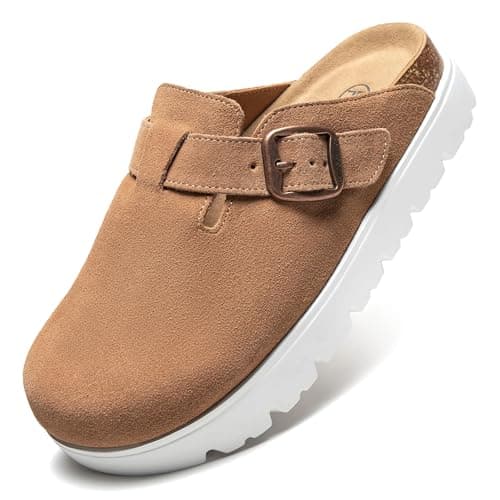 Brelzo Calvior Women's Platform Suede Clogs Slip-On Mules Non-Slip Potato Shoes Sandals with Arch Support Adjustable Buckle Chestnut - Image 1