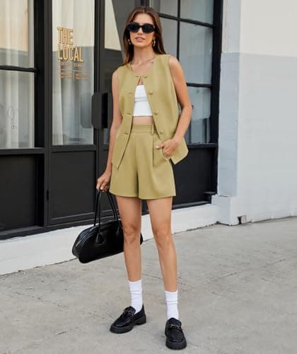 Casly Lamiit Two Piece Short Sets for Women 2025 Summer Sleeveless Work Waistcoat Dressy Casual Outfits Matching Professional Casual Suit Mustard Yellow XL - Thumbnail 6