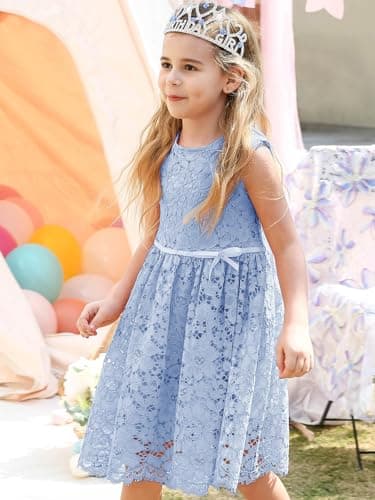 ALLOVIN Girls & Toddlers Sleeveless A-Line Lace Party Dress Birthday Wedding & Flower Girl Dress with Beaded Bowknot | Blue | 2-3T - Thumbnail 3