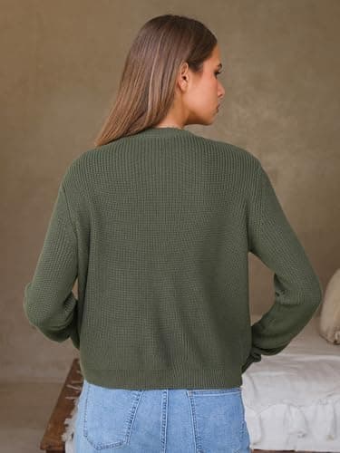 EXLURA Womens 2025 Knit Cardigan Sweaters Spring Fall Crewneck Open Front Button Jacket Fashion Outerwear Coats with Pockets Green - Thumbnail 5