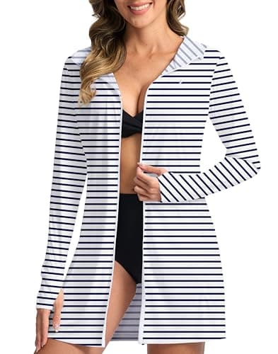 Soothfeel Women's UPF 50+ Swim Cover Up Sun Protection Hoodie SPF Lightweight Jacket Long Sleeve Beach Cover Ups for Women (Navy_Stripe,XXL) - Image 1