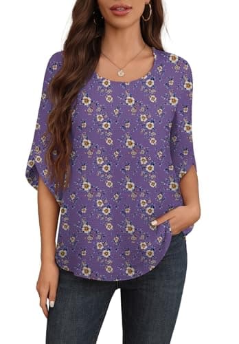 Askyes Women's Blouses Tops Summer Short Sleeve Fashion Tops for Women Flowy Chiffon T-Shirts,Purple Floral,L - Thumbnail 5