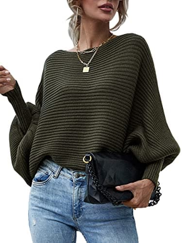 ECOWISH Sweaters for Women Batwing Sleeve Oversized Dropped Shoulder Ribbed Cuff Knit Solid Pullover Sweater 243 Army Green Small - Image 1