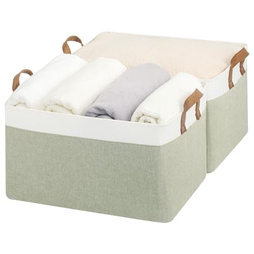 StorageWorks Storage Bins, Fabric Storage Bins for Shelves, Extra Large Storage Baskets with Metal Frame, Closet Baskets and Bins with Handles, Jumbo, Green and White, 2-Pack - Image 1