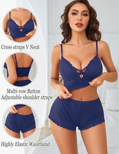 Avidlove Womens Pajama Sets Shorts Sexy Pjs for Women Set 2 Piece Sets for Women Summer Pj Shorts Navy Blue L - Thumbnail 4