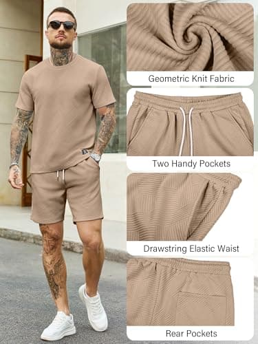 JEMLDL Mens Summer Sets 2 Piece Outfit Jacquard Texture T-Shirt Shorts Casual Short Sleeve Lounge Wear Sweatsuit Dark Khaki S - Thumbnail 6