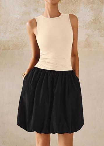 KIRUNDO Summer Bubble Dress for Women 2026 Casual Mini Spring Bodycon Cocktail Dresses Sleeveless Drop Waist Sundress Beach(Beige Black, Small) - Thumbnail 4