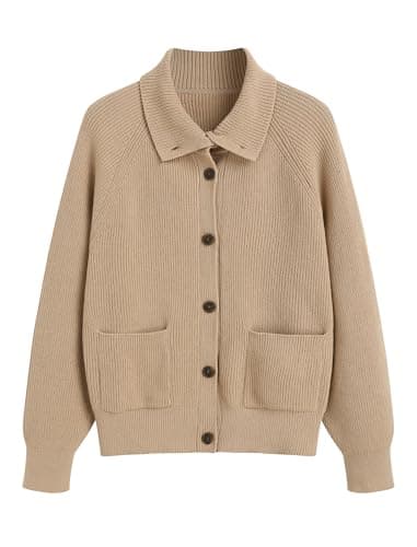 ZAFUL Women's Fall Chunky Cardigan Sweaters Trendy 2025 Mock Neck Button Down Long Sleeve Casual Knit Coat Winter Clothes, Khaki, Medium - Image 1