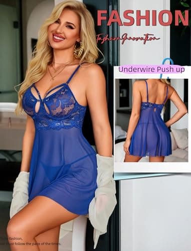 Avidlove Lingerie Set for Women Sexy V Neck Push Up Lingerie Sheer Lace Underwire Negligee Chemise Royal Blue L - Thumbnail 3