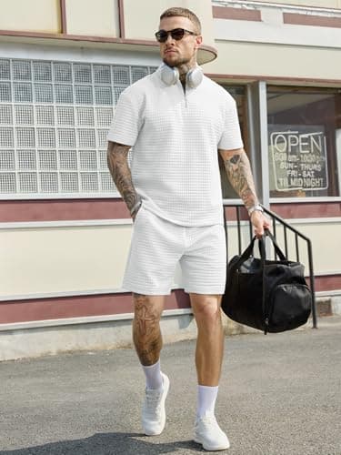 JEMLDL Men's Short Sets 2 Piece Polo Shirt Summer Outfits Casual Fashion Loungewear Short Sleeve Travel Golf Tracksuits White Large - Thumbnail 6