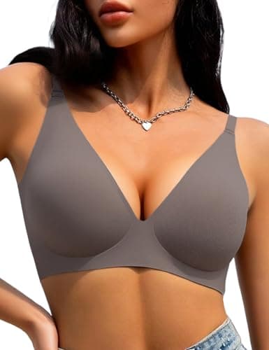 Tarbo Wireless Plunge Bra for Women – Seamless Jelly T-Shirt Bras, Sleep Bra, Deep V No Underwire Everyday Comfort Bralette with Light Support Lift, Adjustable Straps, Back Smoothing Coffee M - Image 1