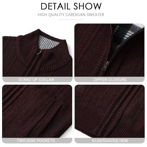 AKuVoL Men's Full Zip Cardigan Sweater Cable Knit Long Sleeve Stand Collar Casual Regular Fit Sweaters Outerwear Wine Red S - Thumbnail 6