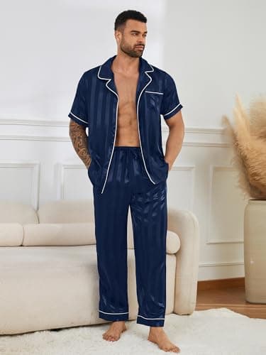 DEARCASE Mens Satin Silky Pajama Set Navy Blue Stripe Medium Short Sleeve Soft Sleepwear Button Down Loungewear Long Pants with Pockets and Drawstring - Thumbnail 5