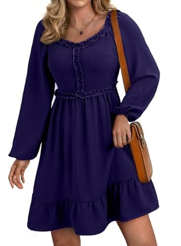 Dokotoo Casual Dresses for Women 2025 Fall Sweetheart Neck Long Sleeve Empire Waist Dress Ruffle Smocked A-line Flowy Elegant Dress Navy Blue Medium - Image 1