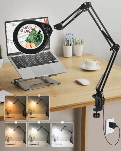 10X & 5X Magnifying Glass with Light, Ultra Long Swing Arm, 5 Colors & 10 Brightness, Real Glass Lens Large Magnifying Lamp for Craft Painting Workbench Jewelry Making Hobby Close Work (White) - Image 1