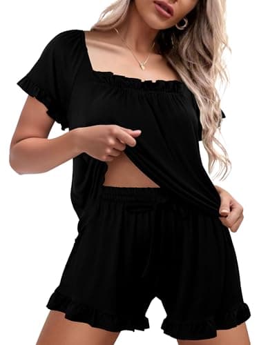 StunShow Comfy Pajama Pj Sets Women Shorts Pajama Set Cotton Bamboo Viscose Pajamas Shorts Set Cooling Pajamas Black S - Image 1