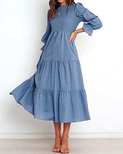 BTFBM Women Casual Long Sleeve Dress Fall Dresses 2025 Solid Color Relaxed Fit Smocked Tiered Flowy Boho Long Dresses(Solid Grey Blue,XX-Large) - Thumbnail 2