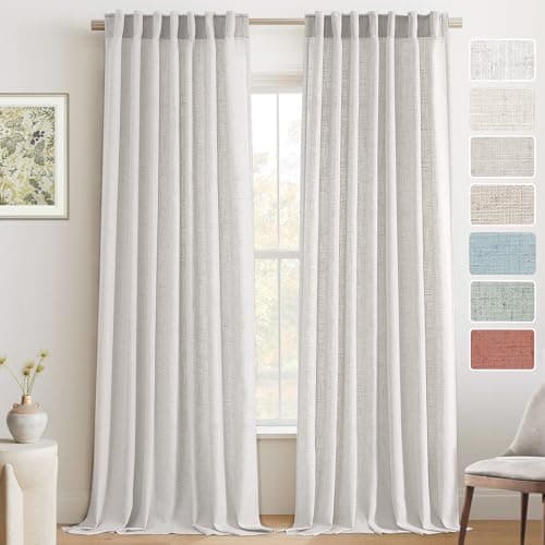 PrinceDeco Back Tab Linen Curtains 96 inches Long 2 Panel Set for Living Room White Semi Sheer Curtains Light Filtering Linen Drapes Provide Privacy Farmhouse Window Pinch Pleated Look Curtain - Image 1