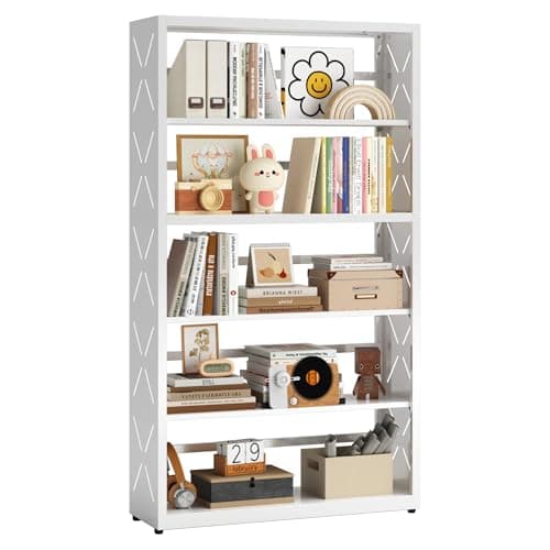 Kubohogar Book Shelf, 5 Tier Metal Bookshelf with Adjustable Shelves, Open Shelf Bookcase for Home Office & Living Room, CD Storage Racks, White 31" Wide - Image 1