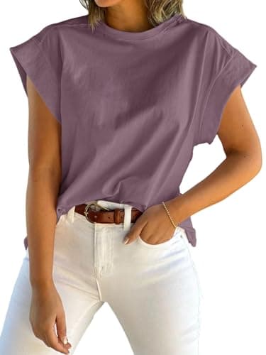 Tankaneo Womens Summer Cap Sleeve Tank Top Crew Neck Solid Casual Loose Fit Basic Tee Shirt Purple - Image 1