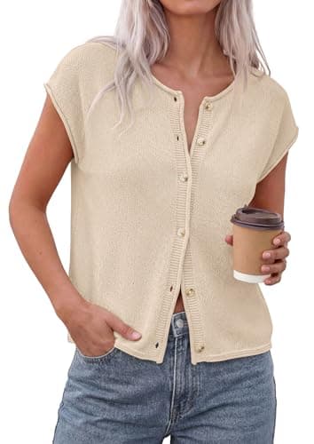 PRETTYGARDEN Womens Cap Short Sleeve Sweater Vest 2026 Spring Summer Lightweight Button Down Cardigans Trendy Loose Tops (Beige,XX-Large) - Image 1