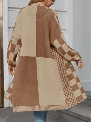 Saodimallsu Womens Checkered Long Cardigans Chunky Oversized Open Front Batwing Sleeve Color Block Knit Sweater Coats Dark Khaki - Thumbnail 5