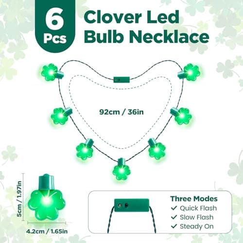 REBANDEN 6PCS St Patrick’s Day Light Up Shamrock Necklace, Glow Clover Necklace Irish Party Accessories and Favors for Adults Teens - Thumbnail 3
