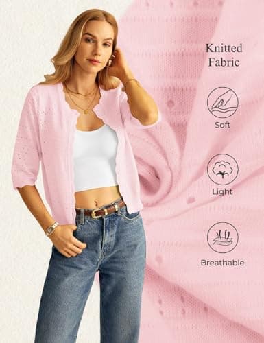 GRACE KARIN 3/4 Sleeve Cardigan Sweater for Women Summer Button Up Crochet Knit Cardigans Lightweight Shrugs Spring Outfits Pink - Thumbnail 5