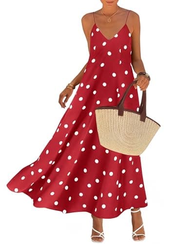 KIRUNDO Boho Maxi Dress for Women Summer Spaghetti Strap V Neck Polka Dot Flowy Long Beach Vacation Sundress with Pockets(Red, Large) - Image 1