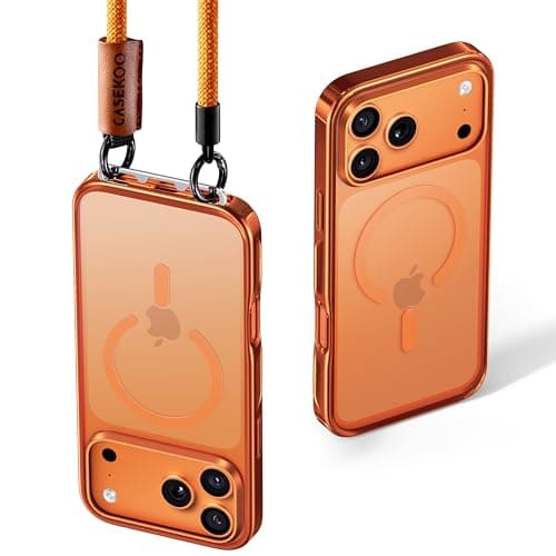 CASEKOO Linkoo 1st Magnetic iPhone 17 Pro Max Phone Case with Strap, Built-in Foldable Hidden Tab, Anti-Fall Lanyard, Aluminum Alloy Lens Protection, Tether Case, Hiking Daily Commute, Glossy Orange - Image 1
