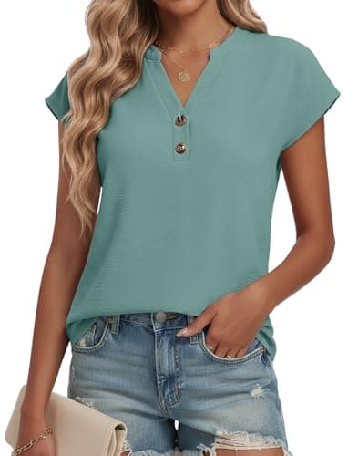 Lepunuo Womens Blouses Dressy Casual Trendy Summer Tops 2026 Formal Boho Button Down Cap Sleeve V Neck Shirts - Image 1