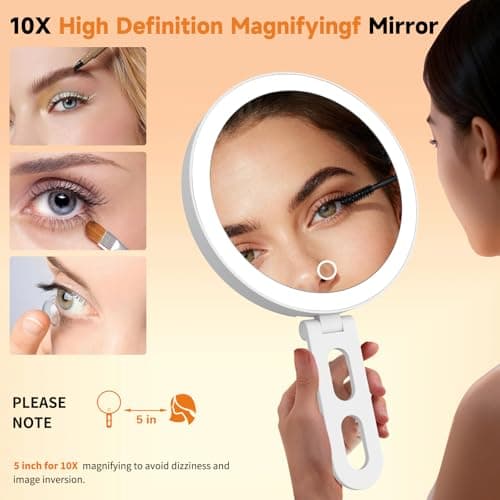 Travel Makeup Mirror with Lights, Lighted Magnifying Mirror 10X, 4-in-1 Portable for Handheld, Tabletop, Hanging and Wall Mount with Suction Cup and 3 Color Light, Ideal Gift for Women and Seniors - Thumbnail 5