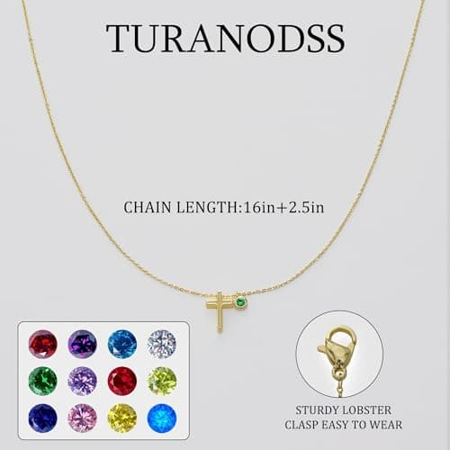 Turandoss Gold Cross Necklace for Women Trendy - 14K Gold Plated Dainty Cross Pendant Birthstone Necklaces, October Birthstone Necklace, Created Pink Sapphire Necklaces for Women Girls Jewelry Gifts - Thumbnail 6