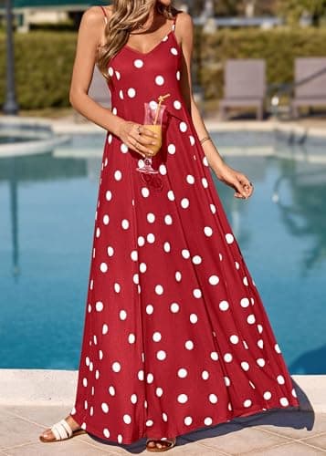 KIRUNDO Boho Maxi Dress for Women Summer Spaghetti Strap V Neck Polka Dot Flowy Long Beach Vacation Sundress with Pockets(Red, Large) - Thumbnail 2