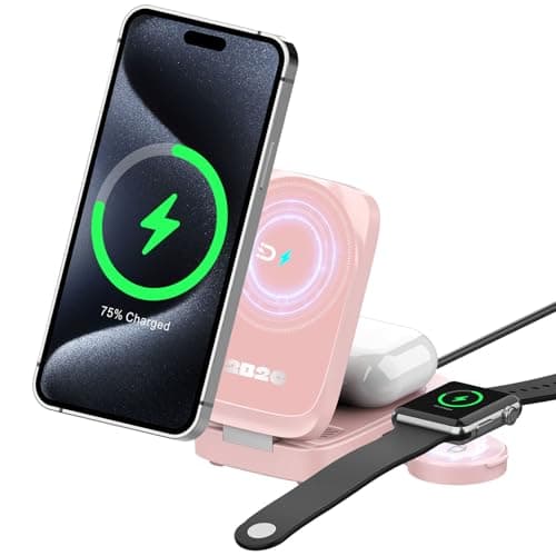 2B2C 3 in 1 MagSafe Wireless Charging Station, 15W Magnetic Fast Charger for iPhone 17/16/15/14/13/12 Series, Apple Watch & AirPods, Foldable Portable Charging Stand for Desk, Bedside & Travel, Pink