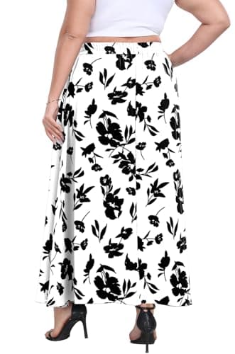 Lastshe Plus Size Maxi Skirts for Women Summer Business Work Elastic High Waisted Hide Drawstring Flowy A-line Long Skirt with Pockets,Print Black,1X - Thumbnail 5