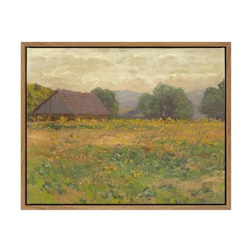 DAJONART Vintage Floating Frame Landscape Wall Art Meadow with Flowers Canvas Prints, Antique Framed Christmas Gift Wall Decor for Farmhouse Rustic Home, 11"x14" - Image 1