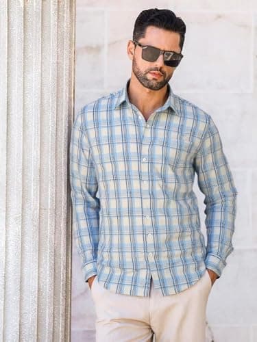 BAYAMO Men's Button-Down Plaid Shirts Casual Long Sleeve Cotton Linen Shirts for Men Fashion Business Shirt Blue 3XL - Thumbnail 2