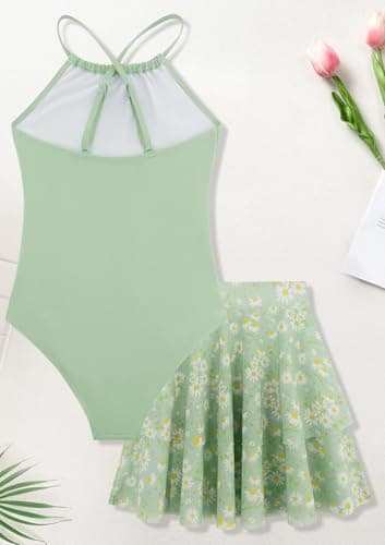 Seanrui Girls Swimsuit Size 9 10, One Piece Swim Suits for Teen Girl Bathing Suit Tankini Swimsuit Swimwear Girls Green - Thumbnail 3