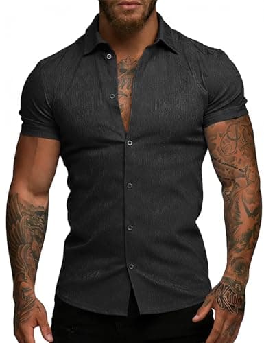 URRU Men's Muscle Dress Shirt Short Sleeve Stretch Wrinkle-Free Casual Button Down Shirts Textured Summer Beach Shirt Black S - Image 1