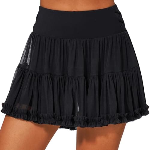 Stelle Women's High Waist Athletic Skorts with Shorts Pockets Ruffle Flowy Mini Cake Skirt Layered Pleated Cute Casual Summer (Black,XXS) - Image 1