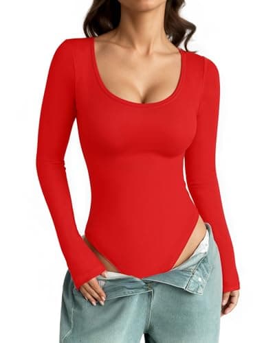 TRENLIVER Womens Long Sleeve Body Suits Scoop Neck Thong Bodysuits Shirts Trendy Fall Going Out Tops Y2K 2025 Red L - Thumbnail 2