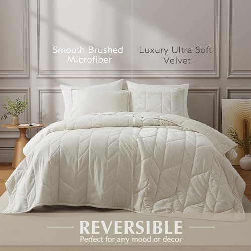 Oli Anderson Velvet Quilt Set King Size - Lightweight Bedspread Coverlet - Soft Velvet Comforter Set - Reversible Quilted Bedding Set for All Seasons - Cream White - 3 PCS (1 Quilt, 2 Pillow Shams) - Thumbnail 3